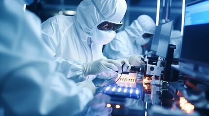 worker in full coverall working on microchip at semiconductor factory