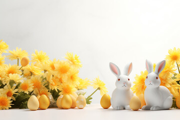 two cute tiny ceramic bunny rabbits, delicate flowers, dreamy style, ethereal light, easter