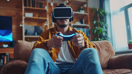 enthusiastic man plays with virtual reality Ai generative