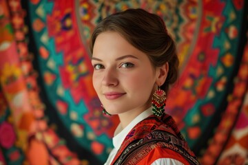 European businesswoman in a traditional cultural outfit, isolated on a patterned background