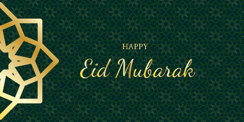 Eid Mubarak Arabic Islamic Luxury Banner, card, poster, cover with Islamic Pattern on dark green background
