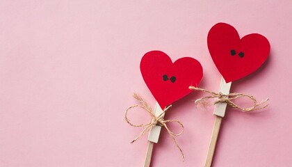 text be my valentine and couple paper mustache lips props fastened clothespin heart on stick on pink paper background concept valentine s day valentine card top down composition creative flat lay