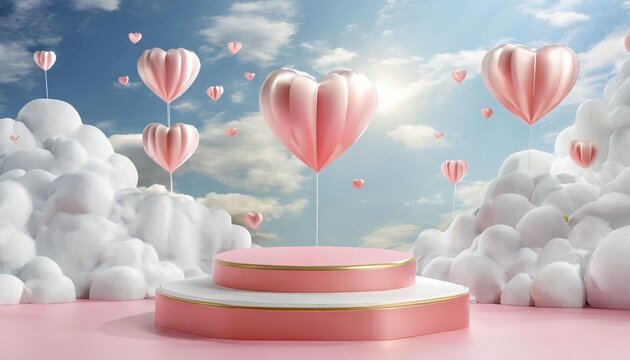 pink podium with hearts and clouds flying in ther valentine s day mother s day wedding podium for product cosmetic presentation mock up pedestal or platform for beauty products 3d render