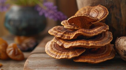 Fototapeta na wymiar Immune Wellness, Close-Up of Dried Reishi Mushroom on a Wooden Table, Focus on Its Medicinal Properties.