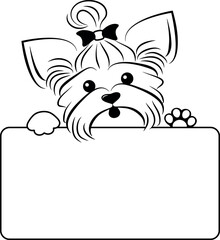 Vector design element. Yorkshire Terrier dog with a blank sign where you can place text.