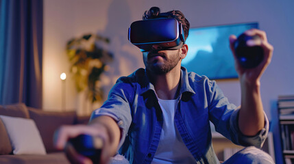 enthusiastic man plays with virtual reality Ai generative