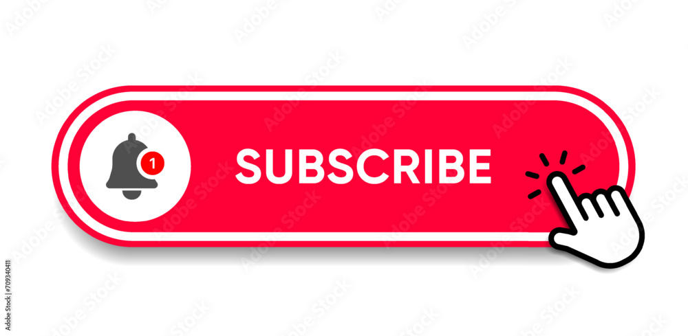 Fototapete Subscribe button Bell, notification icon button and hand cursor click. Red button subscribe to channel social media, marketing, blog. Vector illustration for website, mobile app, UI UX. EPS 10
