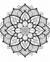 Mandala to paint for adults in black color and with a white background in the shape of a flower