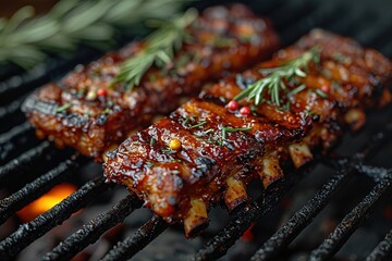 Closeup of pork ribs grilled with BBQ sauce and caramelized in honey. Tasty snack to beer - obrazy, fototapety, plakaty