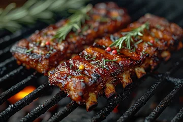 Poster Closeup of pork ribs grilled with BBQ sauce and caramelized in honey. Tasty snack to beer © Vasiliy
