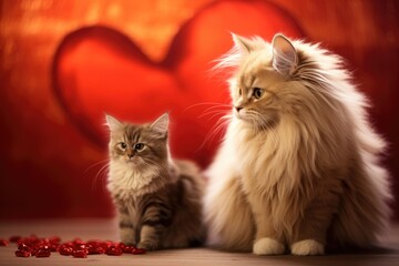 A cute cat is sitting on a background of hearts. Valentine's Day greeting card.