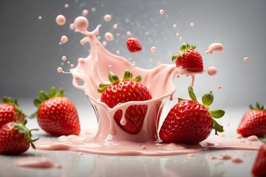 Milk or yogurt splash with strawberries isolated on white background	
