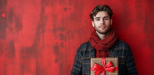 happy handsome man holds red and pink gift box, valentine's day on pink
