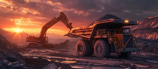 Sunrise in a coal mine with a large dump truck and excavator. - obrazy, fototapety, plakaty