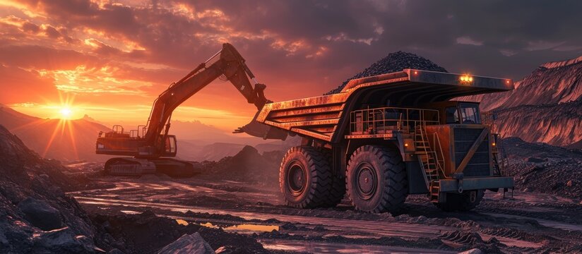 Sunrise in a coal mine with a large dump truck and excavator.