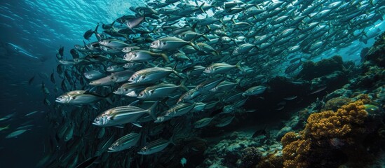 Fototapeta na wymiar Spot school of dark-colored fish while diving at Barracuda Point, Sipadan Island, Malaysia.