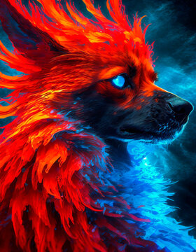 Mystical dog close-up. Demon eyes. Colorful illustration with digital red fire and blue color, like a phoenix.