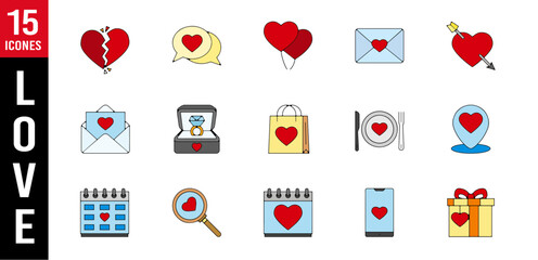 Planche pictogramme icones et symbole amour love saint valentin coeur couleur