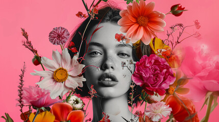 Abstract collage featuring a black-and-white portrait of a young woman cut out from a magazine surrounded by vibrant flowers. Pink background.