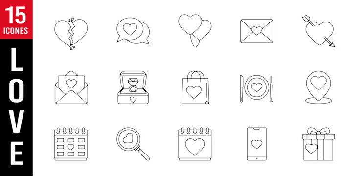 Planche pictogramme icones et symbole amour love saint valentin coeur