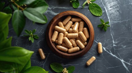 Modern and Ancient Healing, Tablets and Capsules of Ashwagandha Supplement on a Minimalist Surface, Top View, Contrast Between Traditional and Modern Medicine - obrazy, fototapety, plakaty