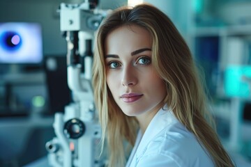 Visionary studio portrait of an American woman as an ophthalmologist, with eye examination equipment, isolated on an advanced vision care clinic background