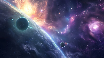 Planets in space, nebula in the background