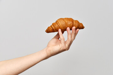 Hand holds a fresh, crispy croissant. French traditional food. Delicious European baked goods.