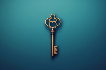 A vintage golden key with an ornate heart shaped bow on a minimal teal background. Real estate concept