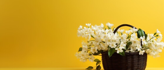 White jasmine flowers in a basket on a yellow background. Springtime Concept. Mothers Day Concept...
