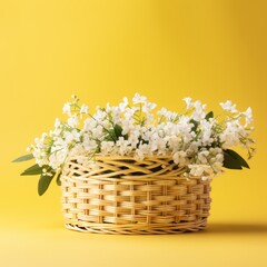 Bouquet of white flowers in a basket on a yellow background. Springtime Concept. Mothers Day Concept with a Copy Space. Valentine's Day with a Copy Space.	