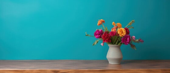 Vase with flowers on wooden table over turquoise wall background. Springtime Concept. Mothers Day Concept with a Copy Space. Valentine's Day with a Copy Space.	