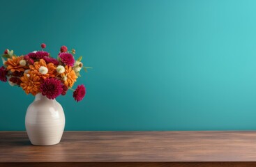 Vase with beautiful flowers on wooden table against turquoise wall. Springtime Concept. Mothers Day Concept with a Copy Space. Valentine's Day with a Copy Space.	