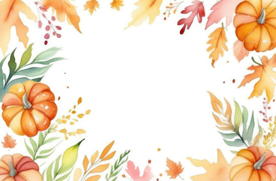 Watercolor autumn leaves and pumpkins frame on white background. Hand painted illustration