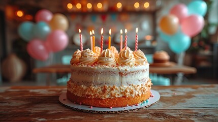 Celebration birthday cake with colorful sprinkles and twenty one colorful birthday candles