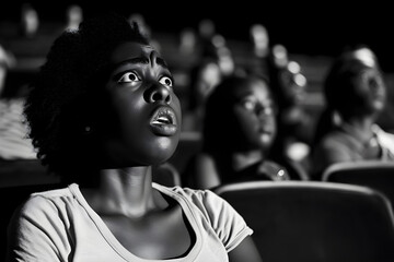 black woman in cinema terrified reaction