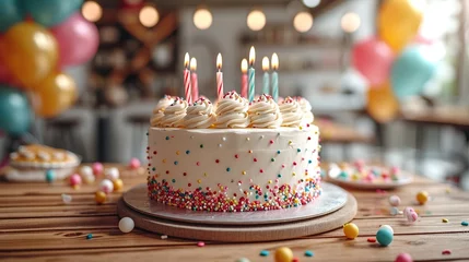 Foto op Plexiglas Celebration birthday cake with colorful sprinkles and twenty one colorful birthday candles © Vasiliy