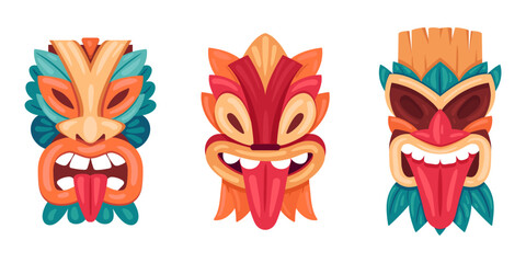 Obraz premium Cartoon wooden tiki masks. Ethnic tribal ritual masks, ceremonial tiki totem masks. African or hawaiian idols with tongue out flat vector illustration set