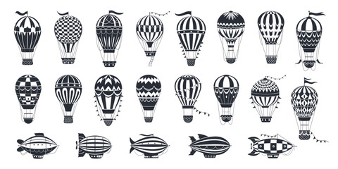 Hot air balloons silhouettes. Vintage flying hot air balloons, airships and dirigibles flat vector illustration set. Retro aircrafts silhouettes