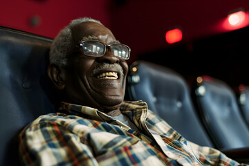 happy senior black man in cinema watching movie