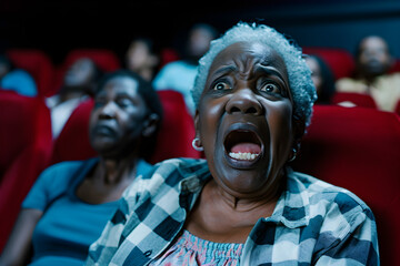 senior black woman in cinema terrified reaction