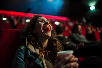 happy woman in cinema watching movie