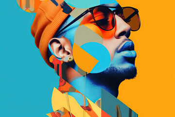 Generative AI image of a Black man overlaid with colorful geometric shapes, wearing an orange beanie and sunglasses looking away, conveying an urban music theme