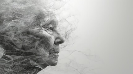 An elderly woman in a white cloud. Surreal concept of mental health problems and anxiety and old age