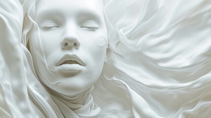 Statue of a sleeping woman made of white stone surrounded by strisolated on a white background.