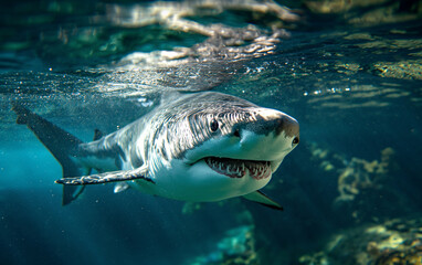 Fototapeta premium Shark in the sea water.Generative AI