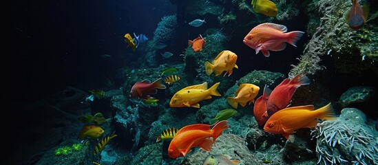 Multicolored fish of different sizes and species populate the deep sea.