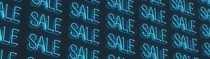 Blue neon Sale banner. Glowing neon sign on a reflected background. 3D rendering. Repeating inscription with a bright glow in the night.