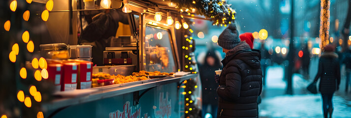 food truck in city winter festival, selective focus