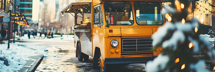 food truck in city winter festival, selective focus